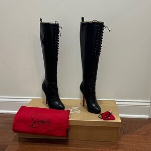Christian Louboutin Black Lace-Up High Heeled Boots 37